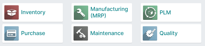 Odoo Inventory and Manufacturing include Inventory, Manufacturing (MRP), Product Lifecycle Management (PLM), Purchase, Maintenance, Quality