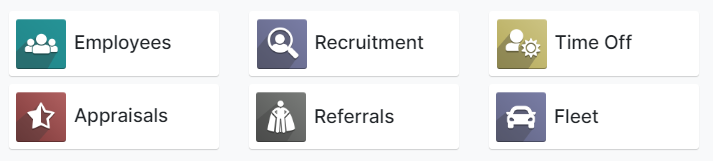 Odoo Human Resources includes Employees, Recruitment, Time Off, Appraisals, Referrals, Fleet