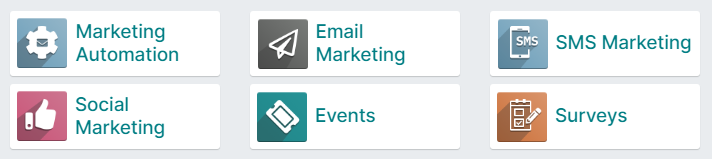 Odoo Marketing includes Marketing Automation, Email Marketing, SMS Marketing, Social Marketing, Events, Surveys