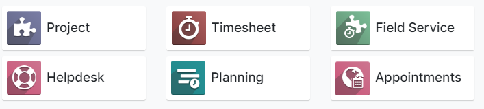 Odoo Services includes Project Management, Timesheet, Field Service Management, Helpdesk, Planning, Appointments